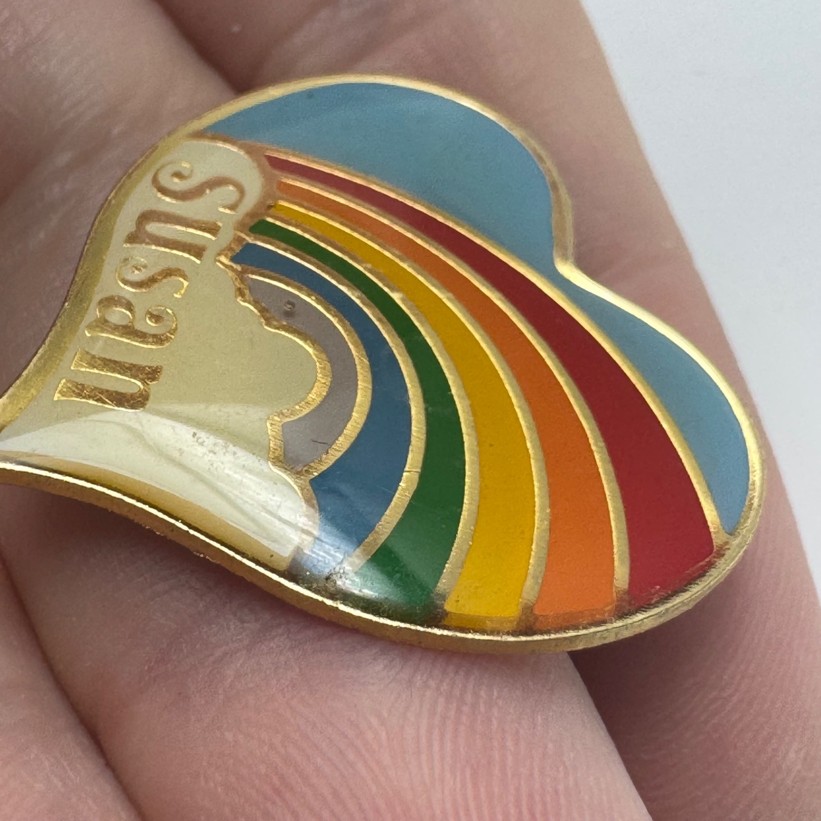 Susan Rainbow Heart Enamel Lapel Pin Gold Tone Personalized Vintage