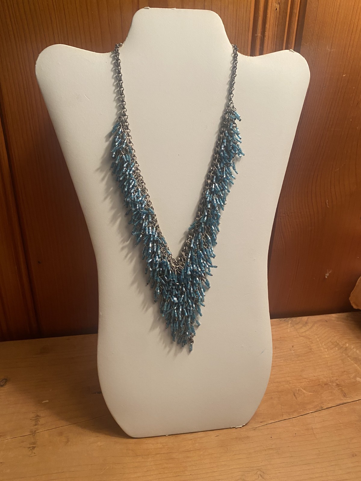 Vintage Fringe Aqua Blue Glass Bead Chainmail Bib Statement Silvertone Necklace