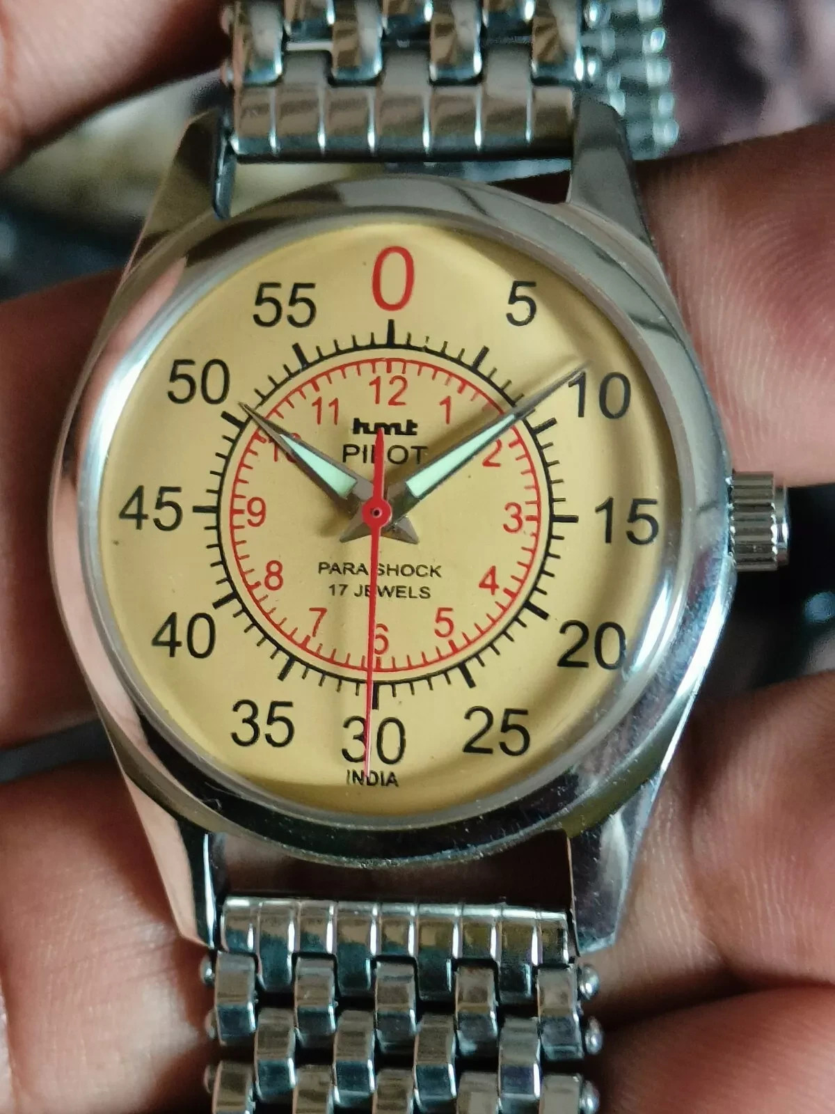 Vintage HMT Pilot Yellow Mechanical hand winding Watch Bracelet Strap 17 Jewels*