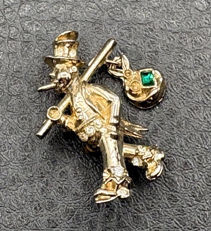 Vintage Gold Tone Hobo Knapsack Charm Brooch Pin Crystal Rhinestone