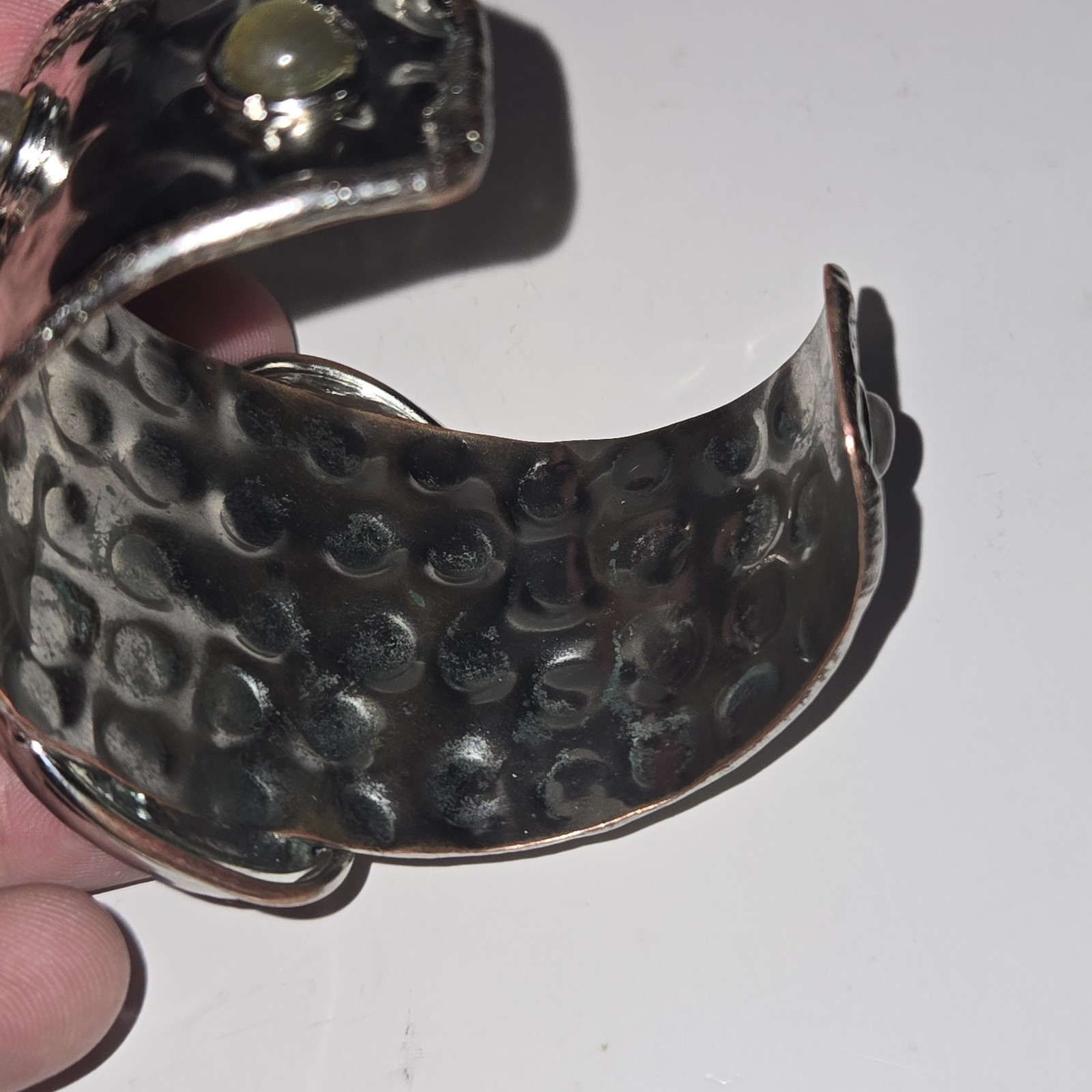 Vtg Metal Cuff Bracelet Labradorite Stones Brutalist Art Adjustable Bold Design