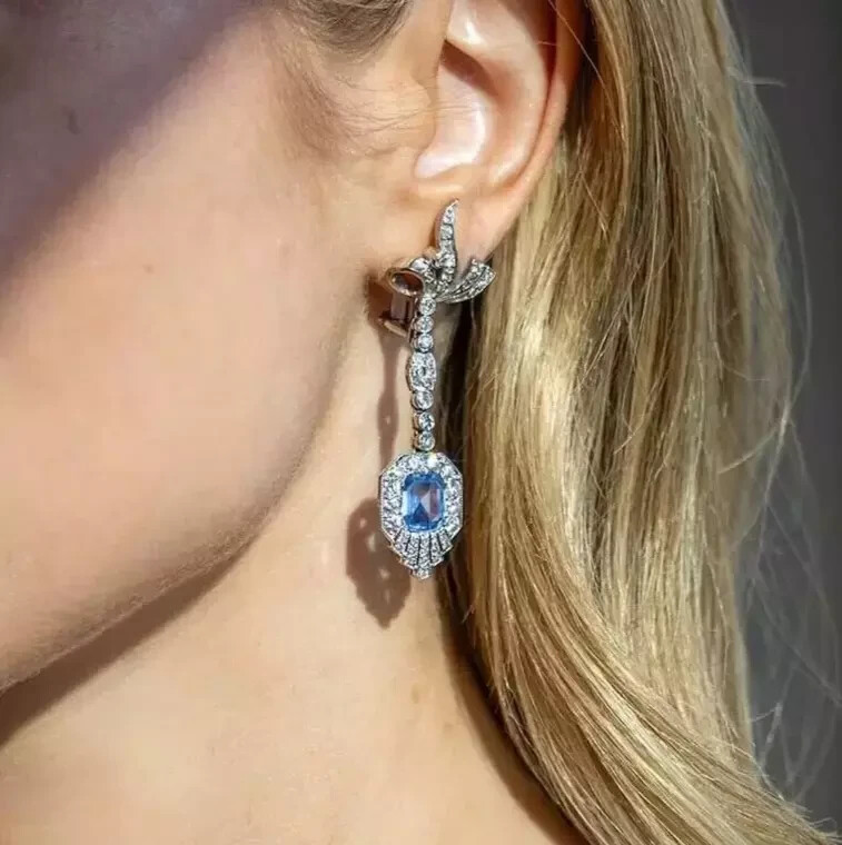 Art Deco Style Emerald Sapphire & Lab Created Diamond 14k White Gold FN Earring