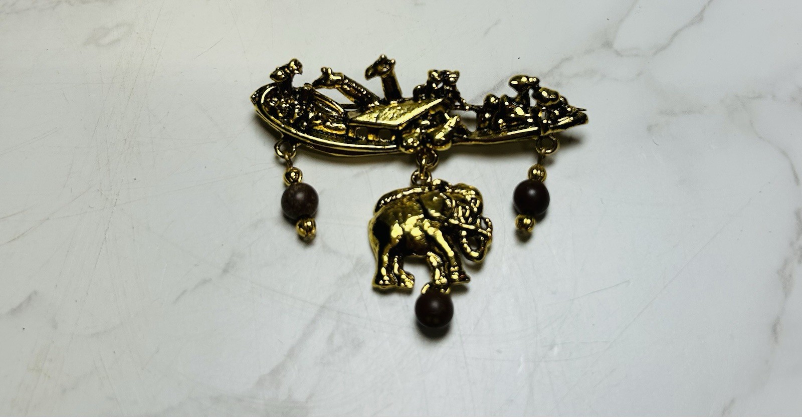 Vintage Dangle Noah’s Ark Bead Gold Tone Brooch Pin Signed EH Biblical