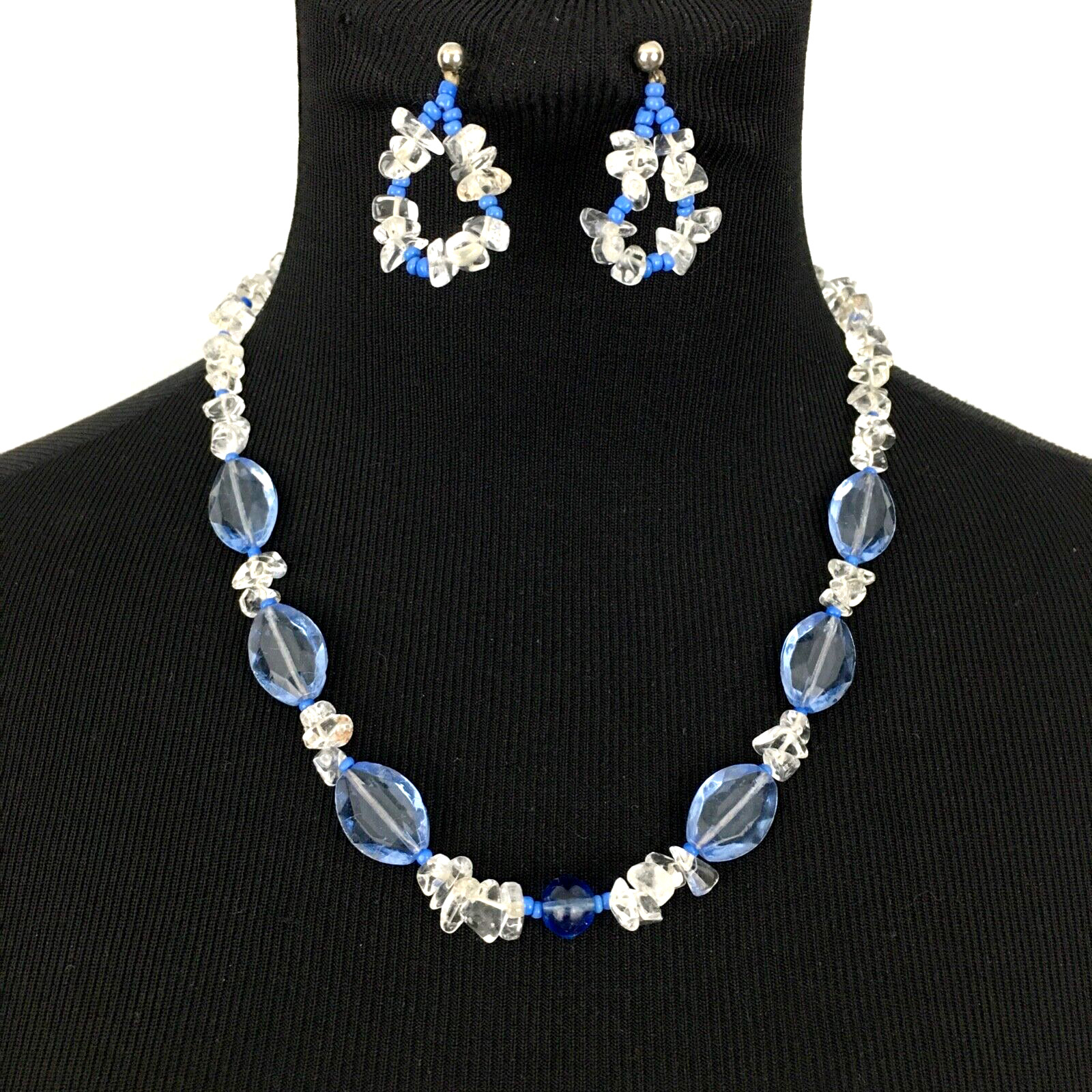QUARTZ jewelry set – necklace & earrings -clear stone chips & blue glass beads
