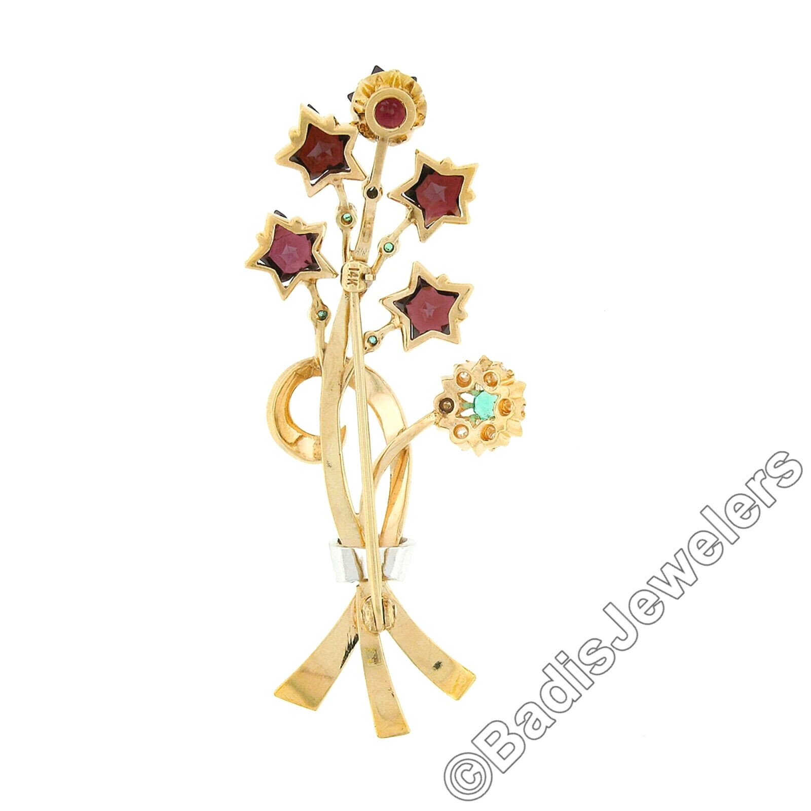 Unique Vintage 14k Gold Custom Star Garnet Emerald Diamond Bundle Bouquet Brooch