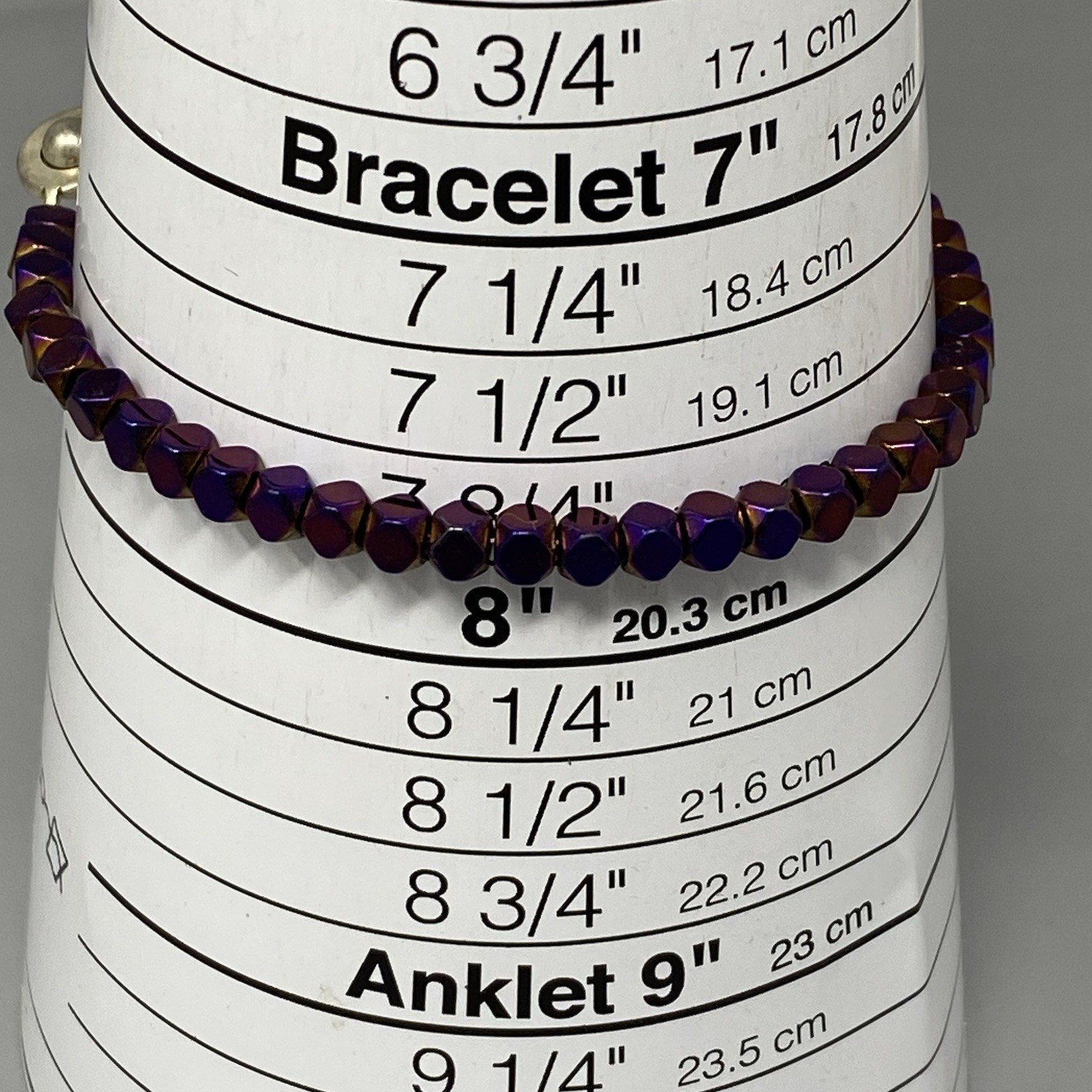 Purple Metallic Metal Beaded Bracelet Glass Faceted Round Center Stone 7.75″
