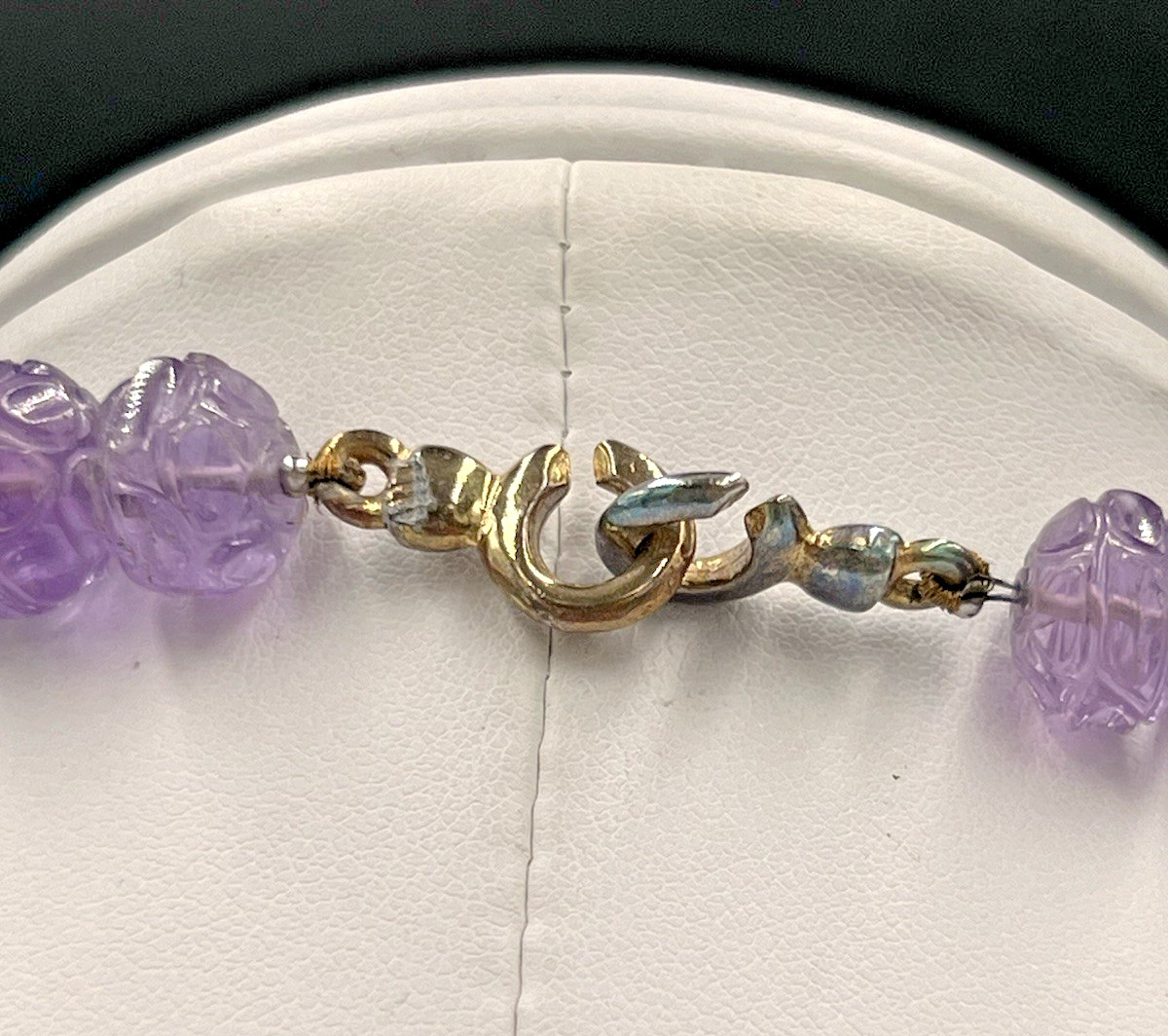 Vtg Chinese Carved Amethyst Bead & Gold Cloisonne Necklace, 168 grams, 30″ Long