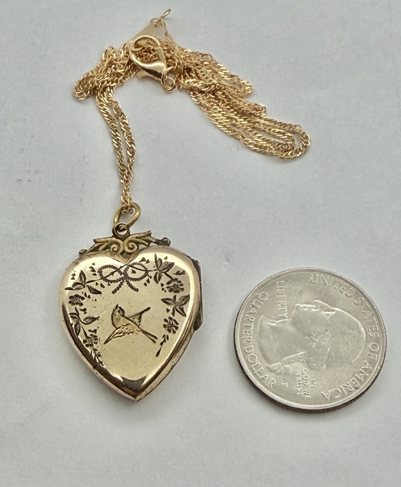 Victorian Aesthetic Movement Bird & Flower Vines Double Sided RG Locket Necklace