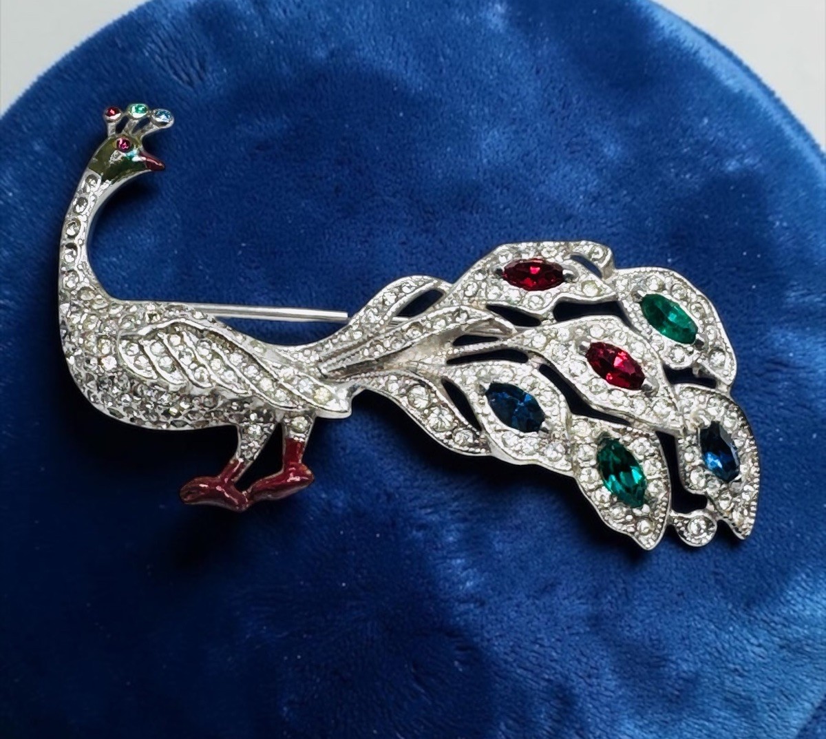 Vintage Art Deco Pave Rhinestone Peacock Brooch Rhodium Plated