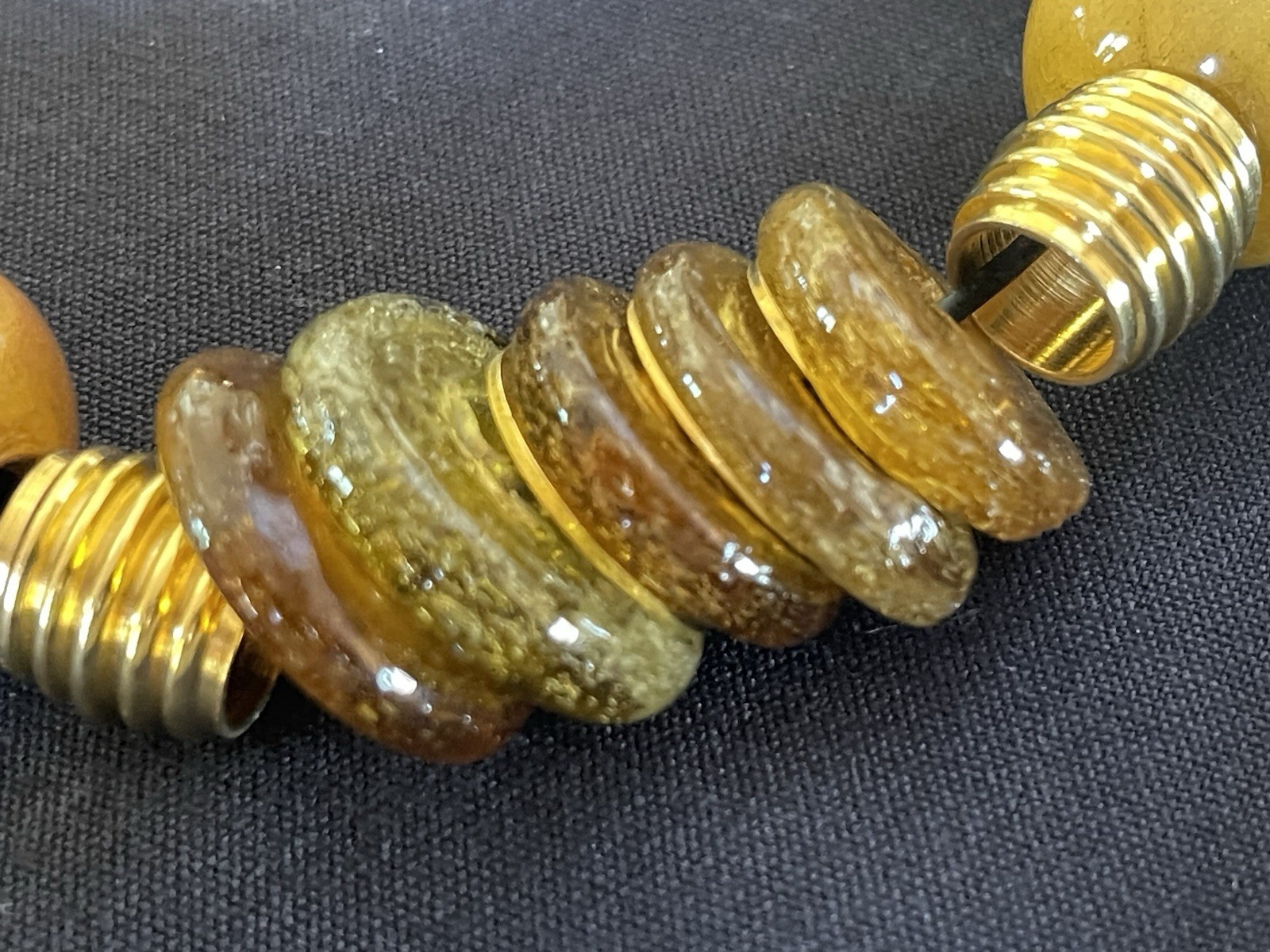 Variegated Honey Colored Egg Yolk Large Bead Tasseled Necklace Brass Spacers EXC