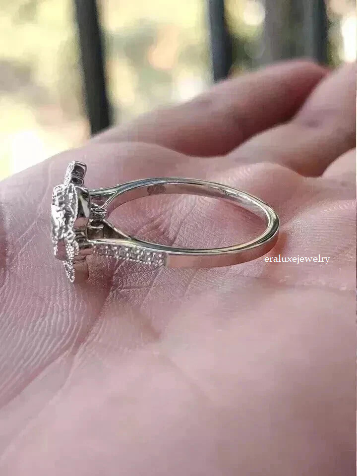 Art Deco Vintage Style Lab Created Diamond Engagement 14K White Gold Finish Ring