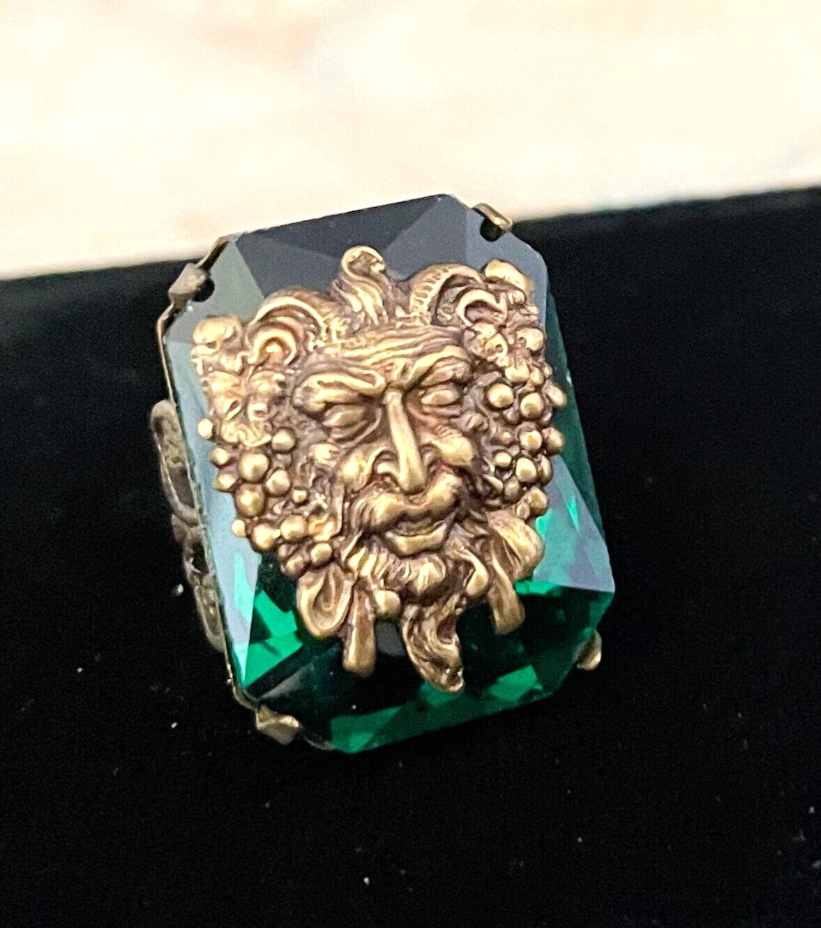 Art Nouveau Ring Green Man Centerpiece Tall Rhinestone Filigree Base