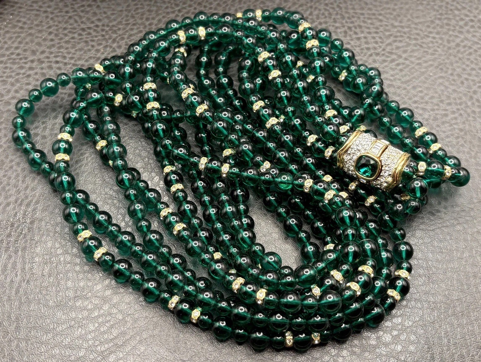 RARE SWAROVSKI VTG Multi Strand Green Crystal Glass Beaded Mogul Necklace 36”