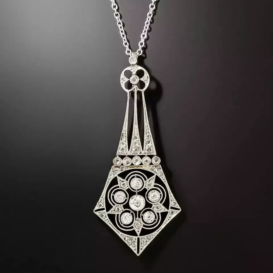 Art Deco Vintage Lab Created Diamond Women’s Pendant In 14K White Gold Plated