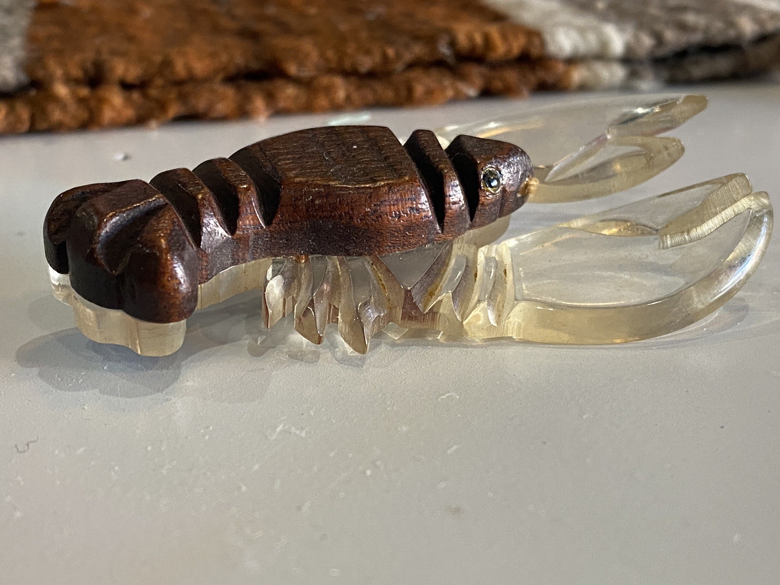 Vintage WWII Era Lucite Wood Lobster Figural Brooch Wartime Novelty Pin 1940s