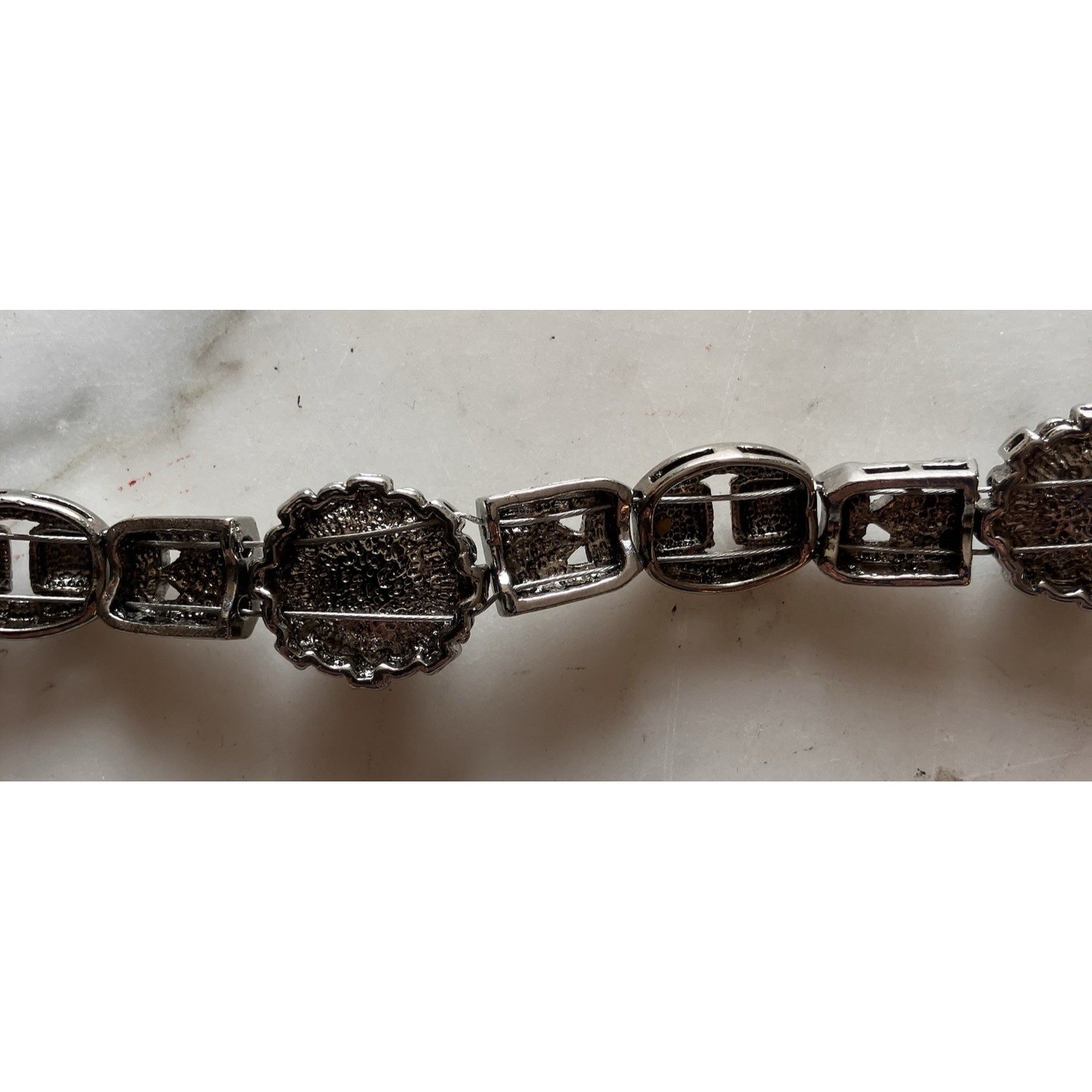 Vintage Silvertone Marcasite Black Stone 7.5″ Bracelet Sparkle EUC