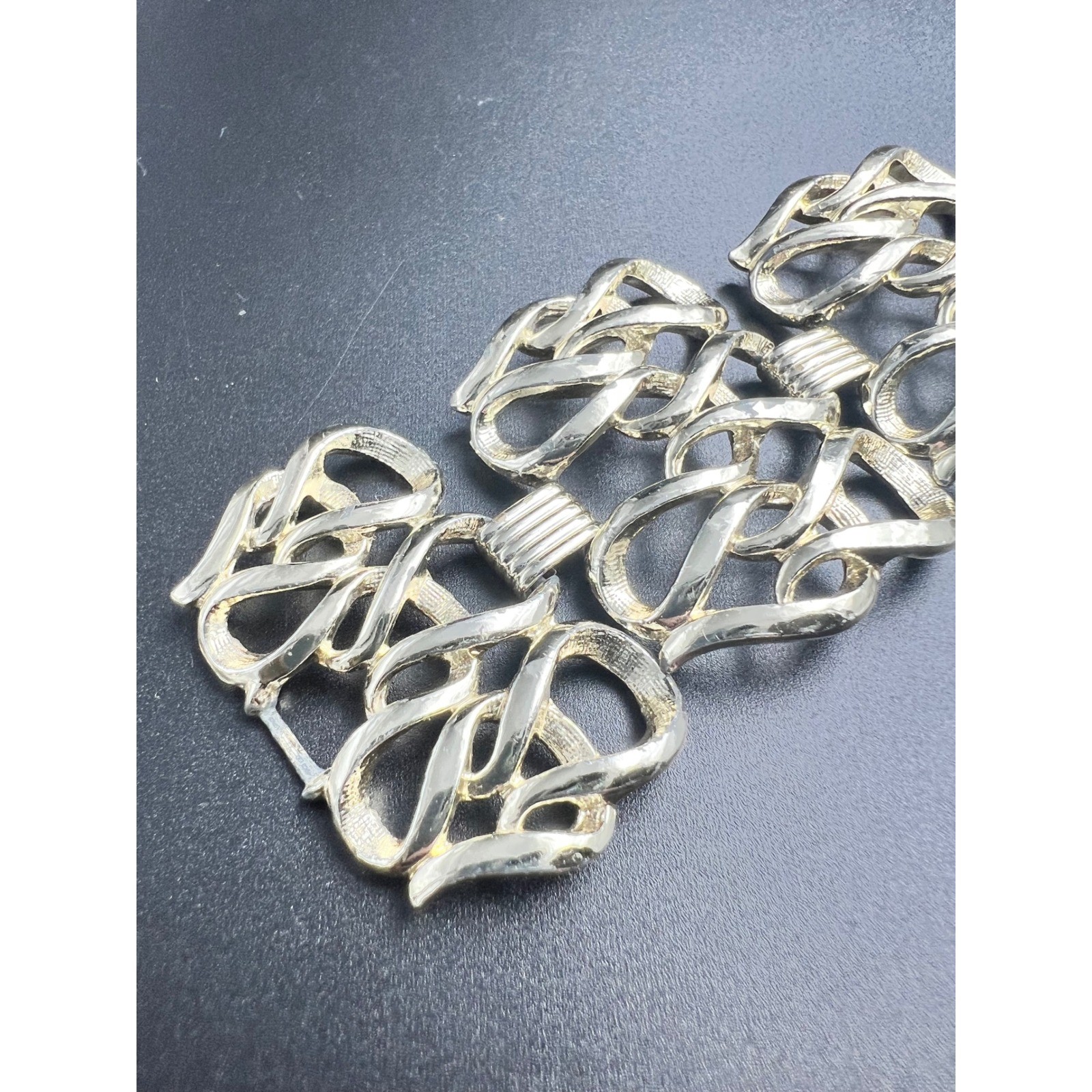 1960s Sarah Coventry Gold Tone Wide Scroll Panel Bracelet, Signed Vintage