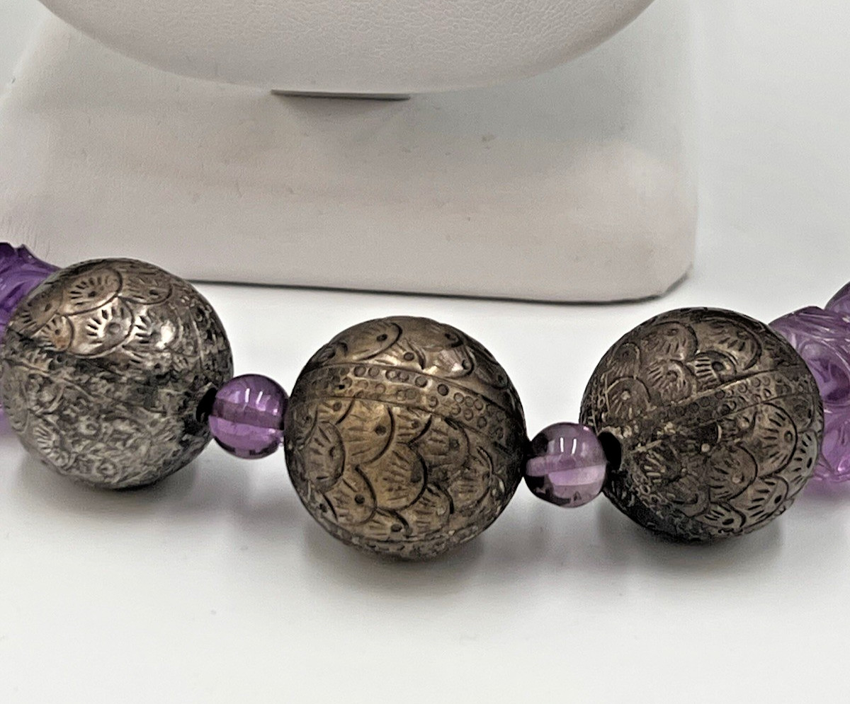 Vtg Chinese Carved Amethyst Bead & Gold Cloisonne Necklace, 168 grams, 30″ Long