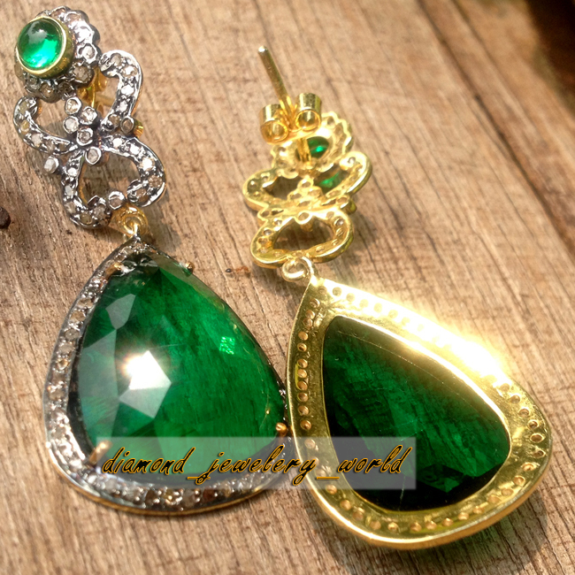 2.95ctw Rose Cut Diamond Emerald Studded Silver Vintage Stunning Earring Jewelry
