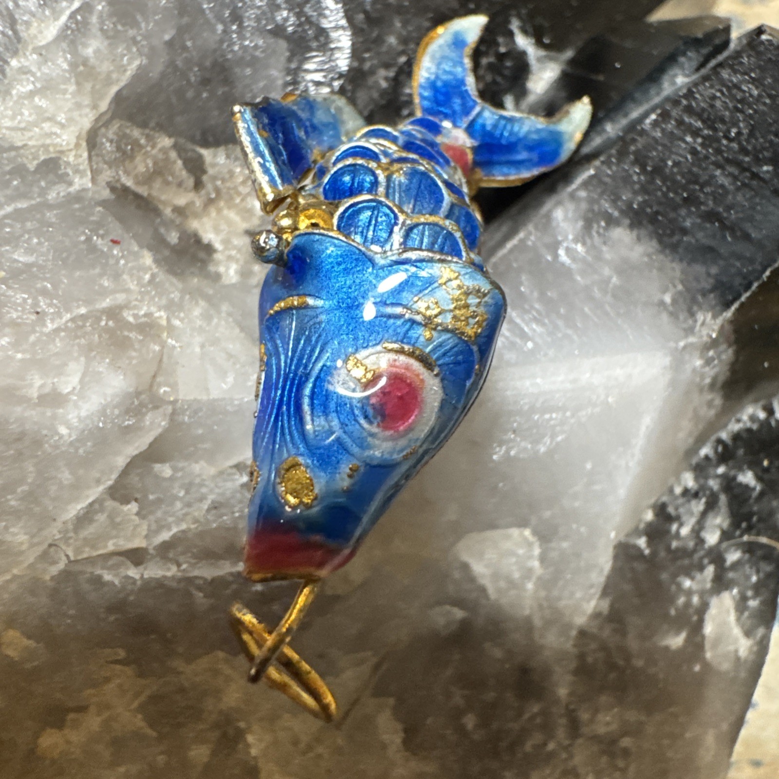 Vintage Koi Fish Cloisonne Blue White Pink Articulated Enamel Ornament Pendant