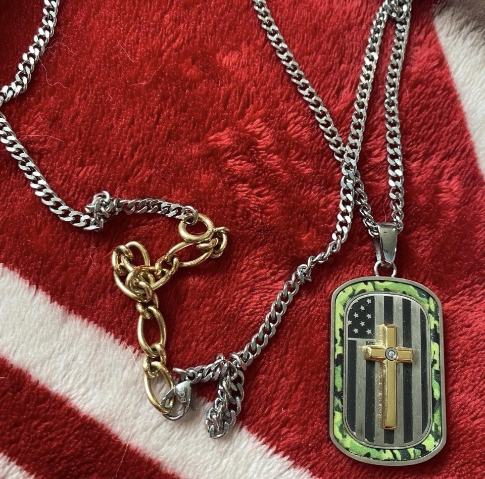 Vintage BGE Camo Gold Tone Cross Dog Tag Genuine Diamond