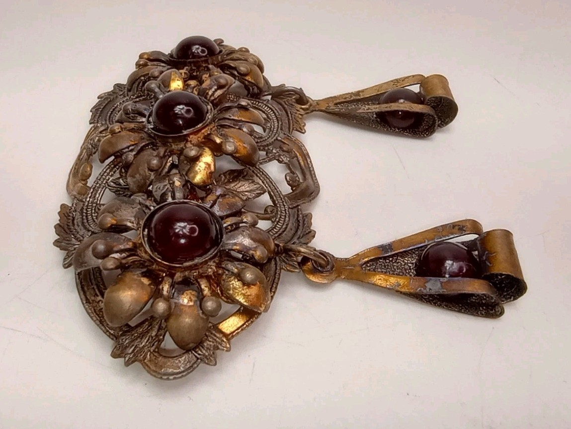 Victorian Floral Dangle Brooch Goldtone Deep Red Cabochons