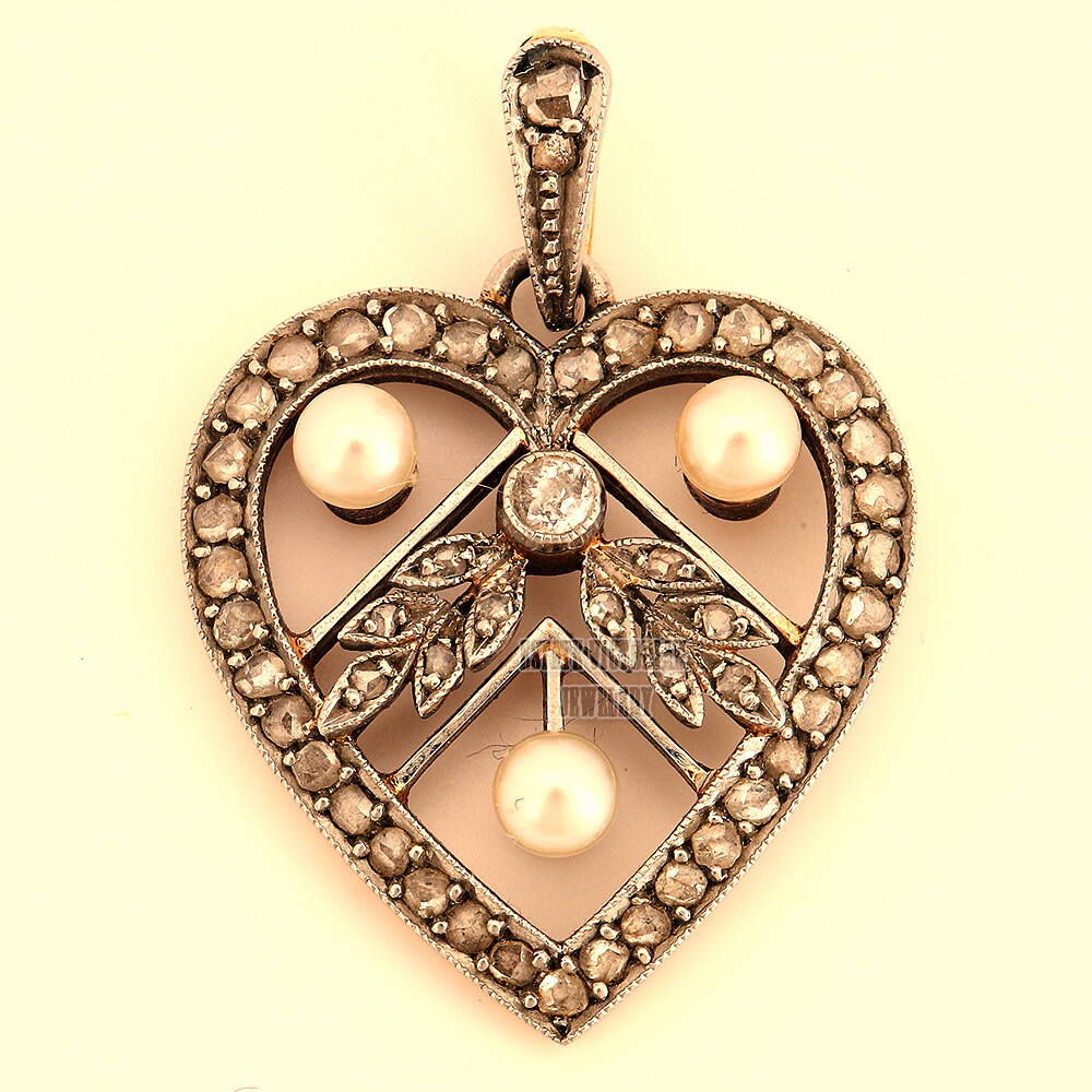 Stunning 1.88ctw Rose Cut Diamond Pearl Silver Victorian Heart Pendant Jewelry