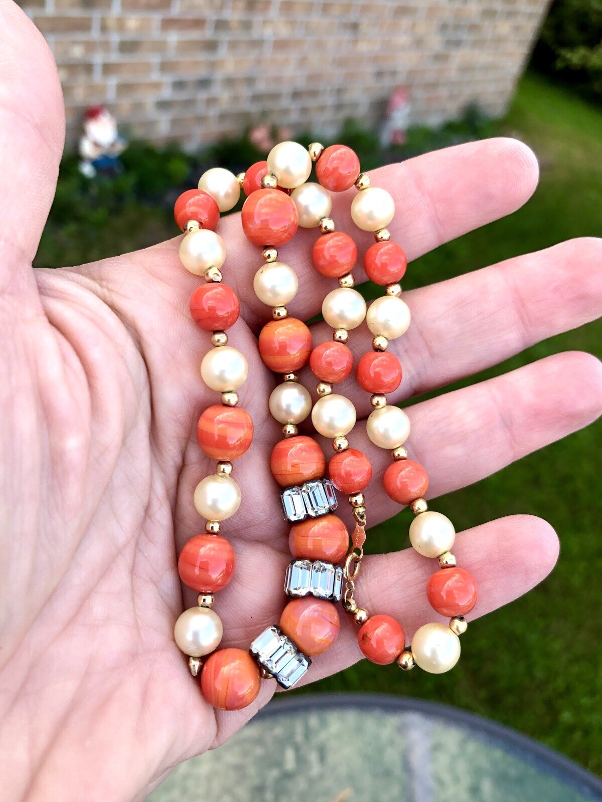 Estate 14K Gold Bead, Coral Glass, And Glass Pearl Beaded Necklace