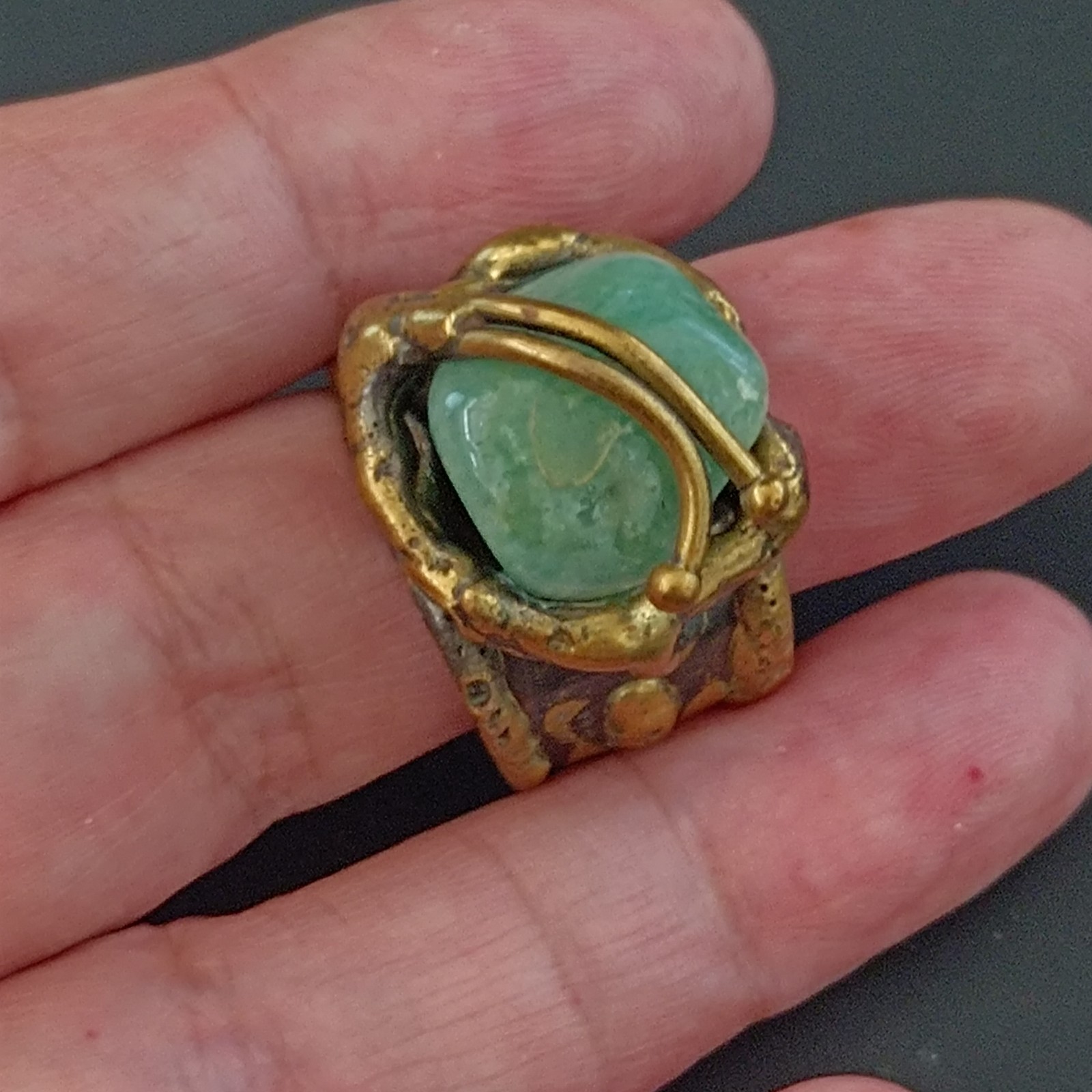 Brutalist Boho Ring Green Stone Organic Art Nouveau Revival Adjustable Statement