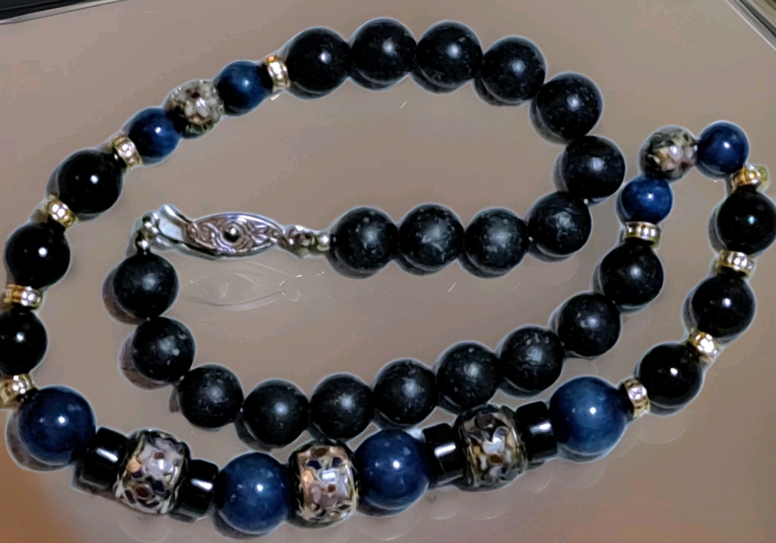 Estate Vintage Stunning Cloisonne Blue Sodalite Lava Bead Statement Necklace EUC