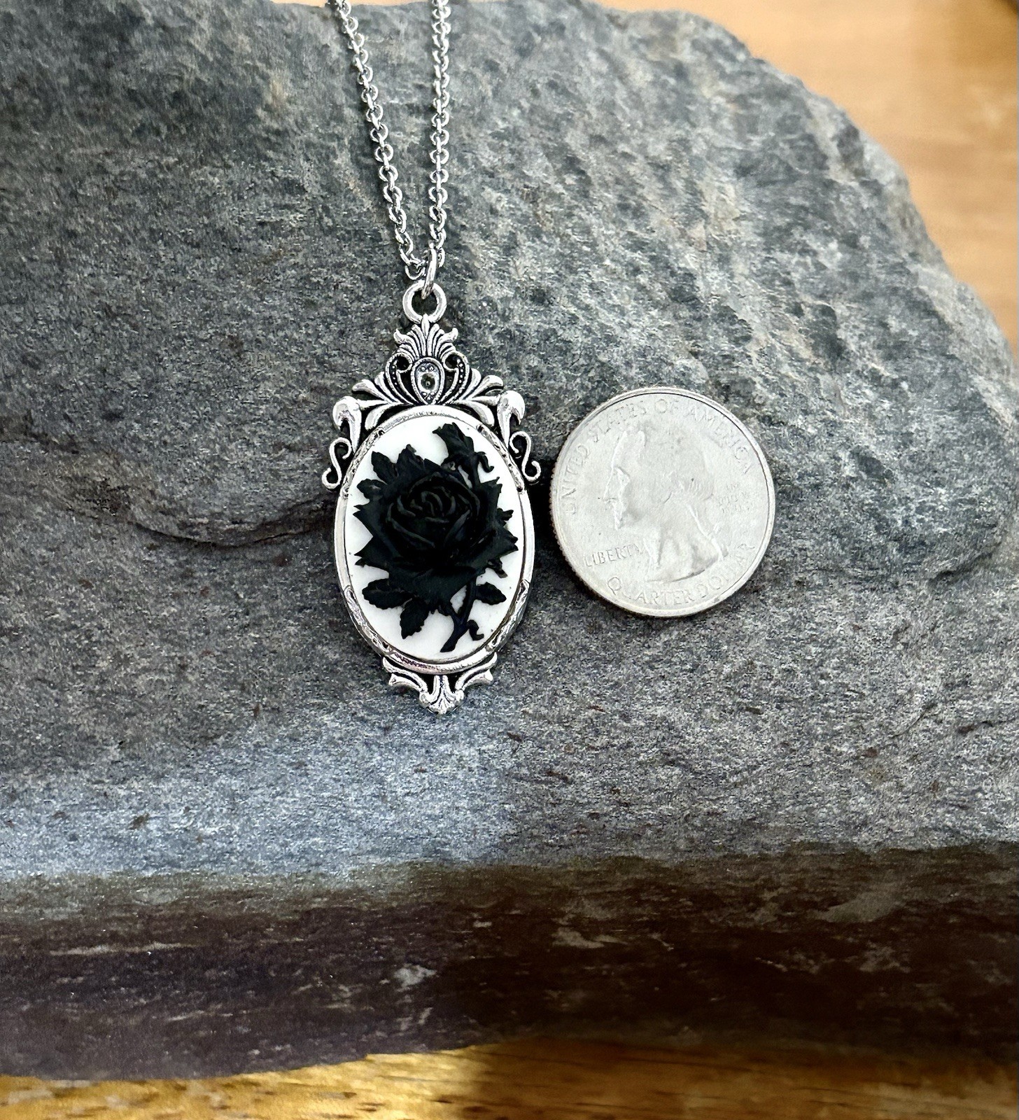 Victorian Black Rose Cameo HIDDEN Locket Necklace, Vintage Pillbox Stash Pendant