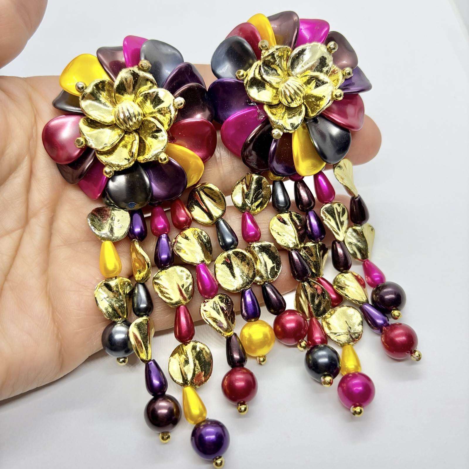 Vtg XL Runway Lucite Multicolor Chandelier Beaded Statement Earrings Clip-on Big