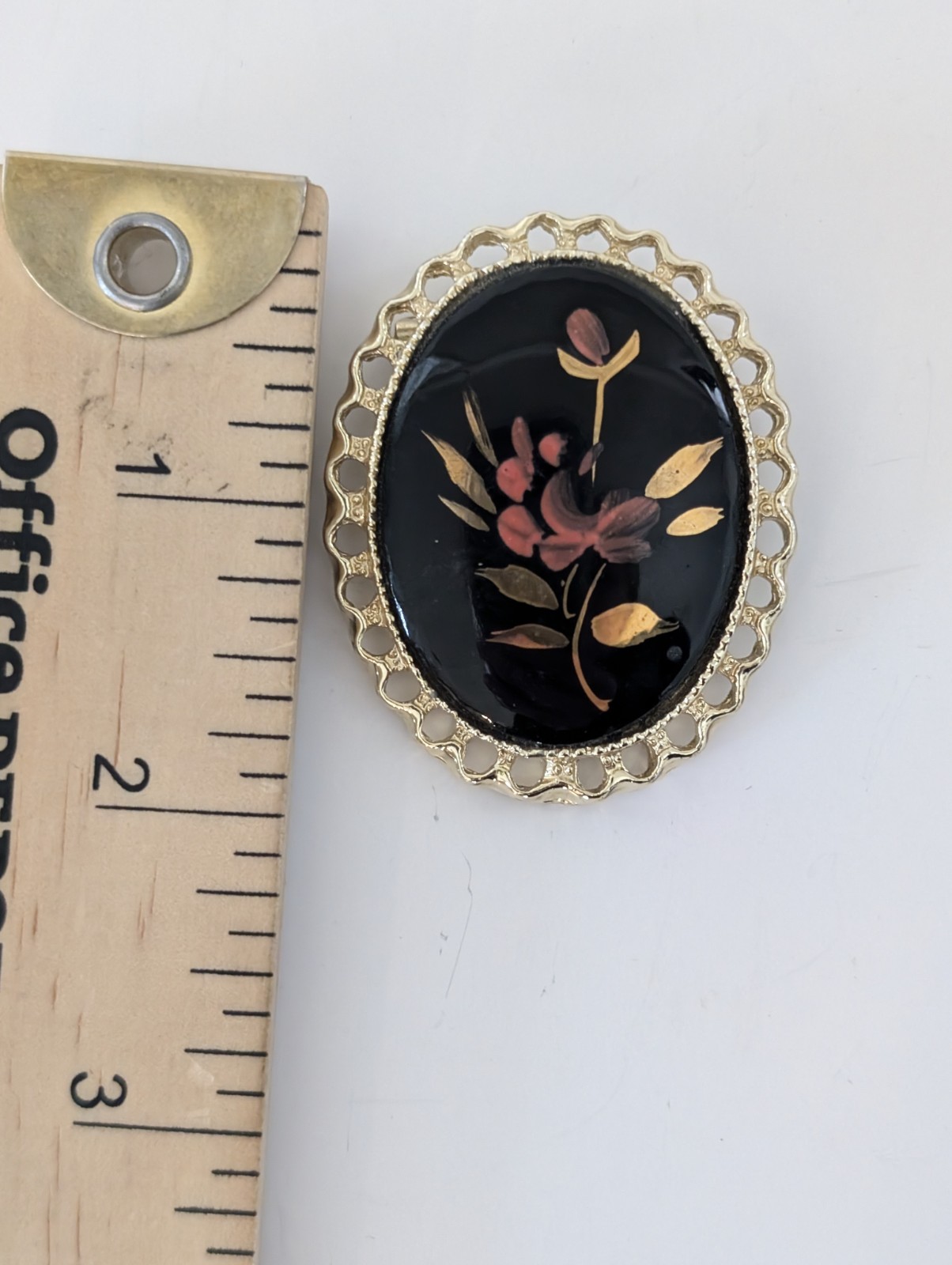 Vintage Black Oval Gold Tone Pendant Pin Pink Flowers Leaves Brooch Gift For Her