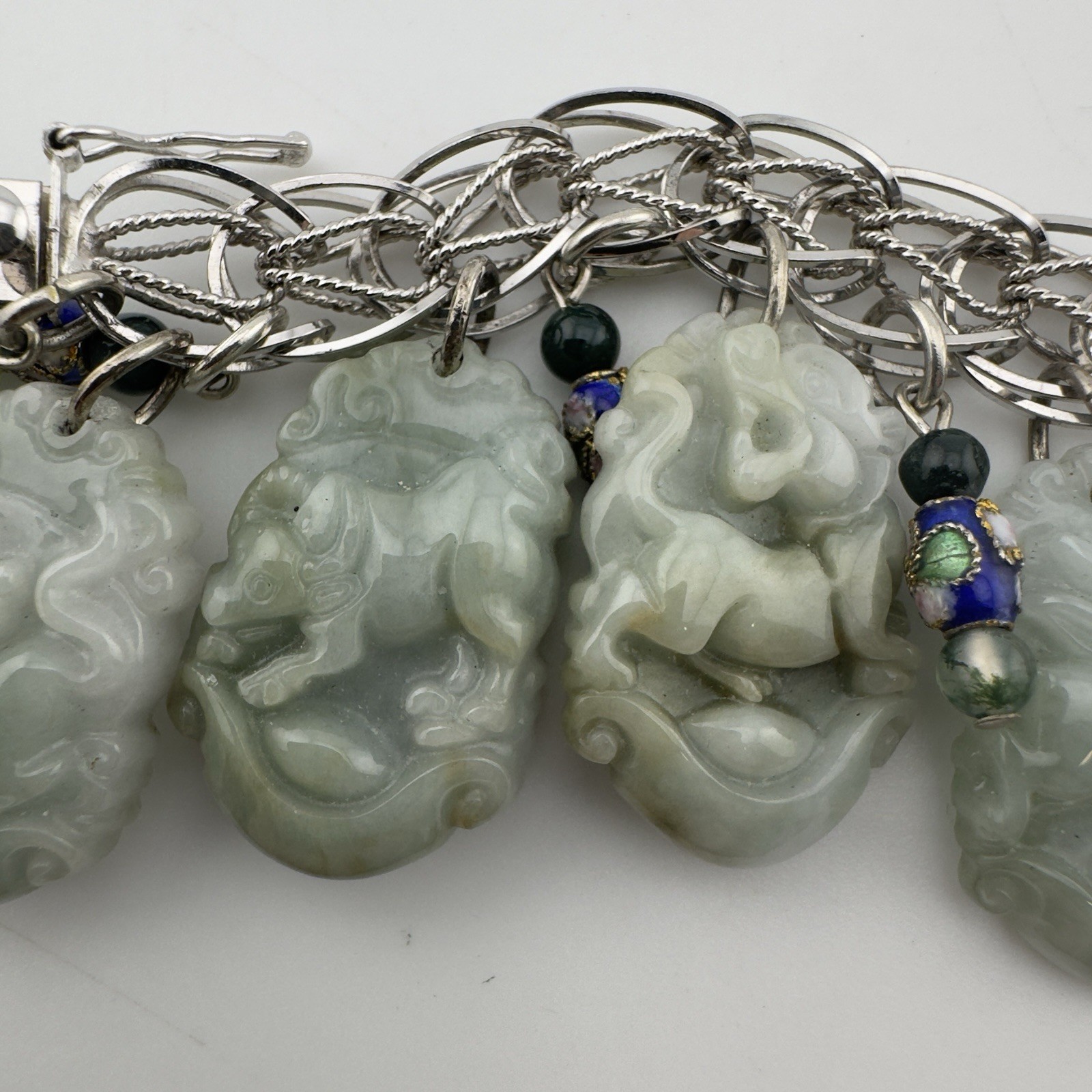 Vintage Chinese Carved Jade Bracelet Sterling Silver 12 Zodiac Animals RARE