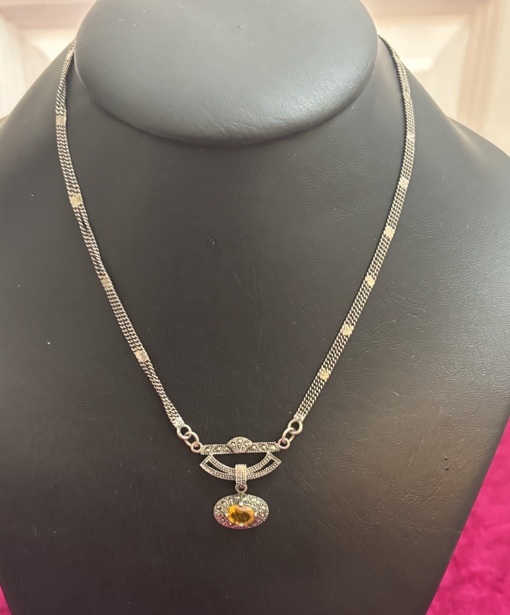 Sterling Silver Marcasite and Yellow Stone Pendant Necklace 7.5” in.