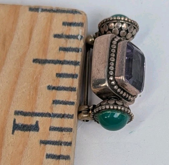 Vintage Sterling Silver 925 Green Bloodstone Amethyst Tibetan Brooch / Pin
