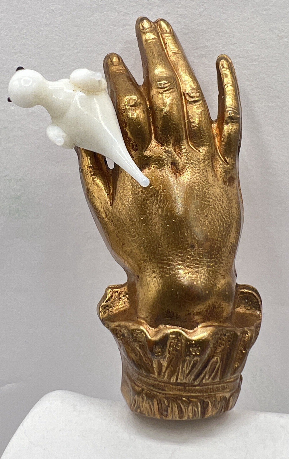 Art Deco Hand Pin / Brooch Holding Milk Glass Bird Figure – France