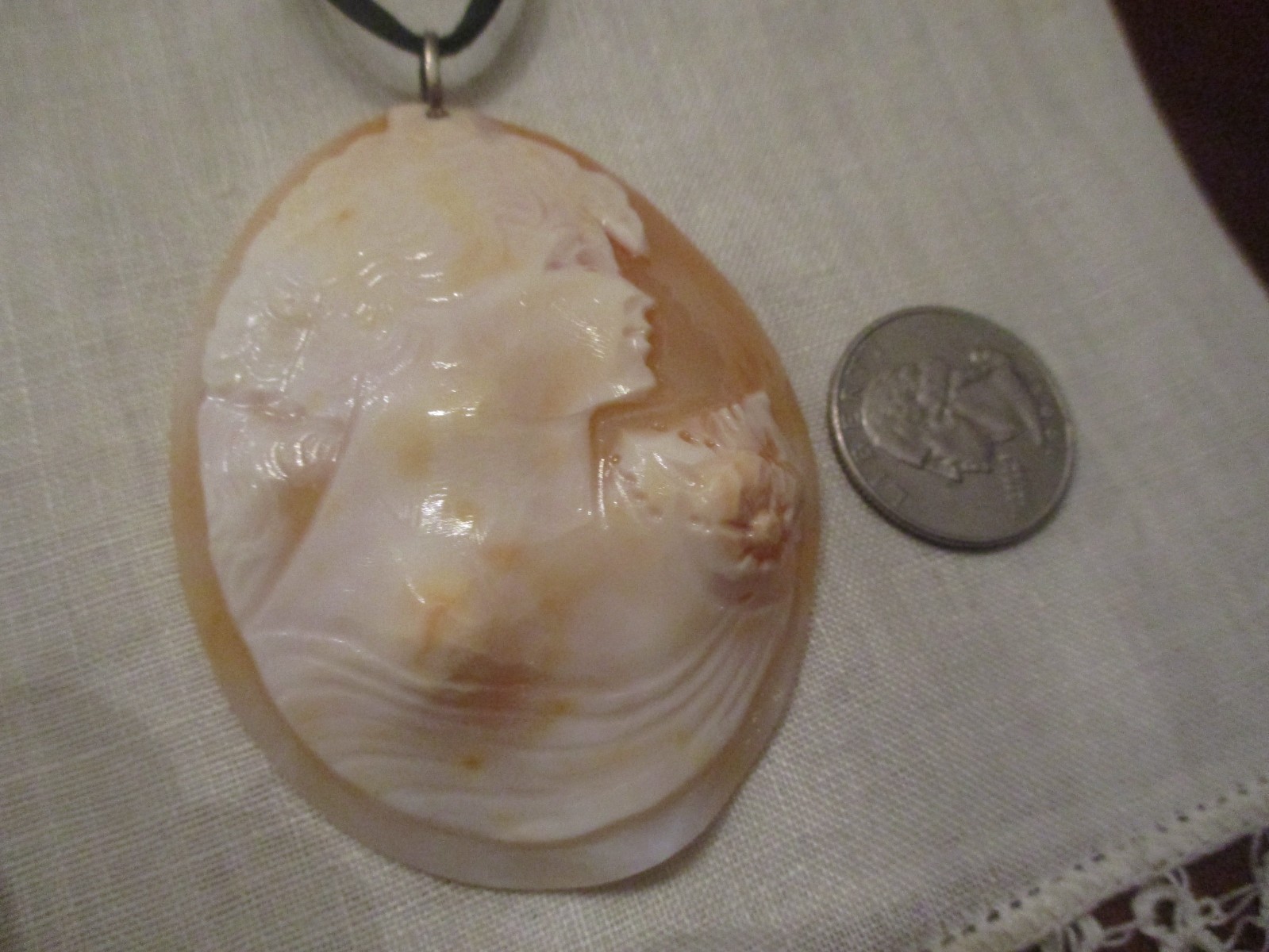 Vintage sterling silver M+M Scognamiglio large cameo pendant, 3 x 2 1/4″, 17″