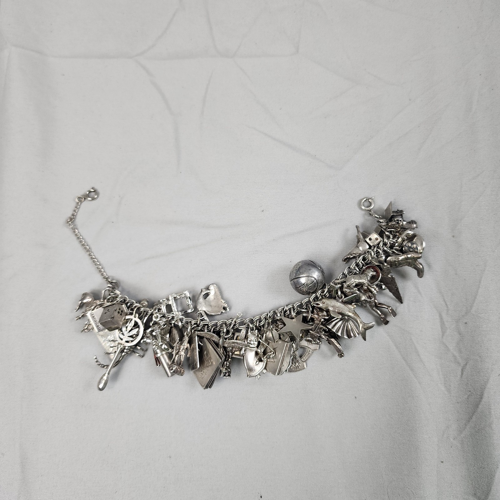 VTG Charm Bracelet 50+ Charms Sterling + Mixed Metals Movable Parts Estate Sale
