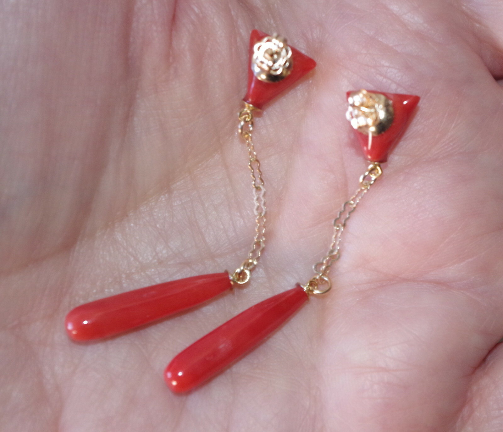 14K 52MM Ox Red Italian Triangular Stud Coral Teardrop Earrings Made to Order