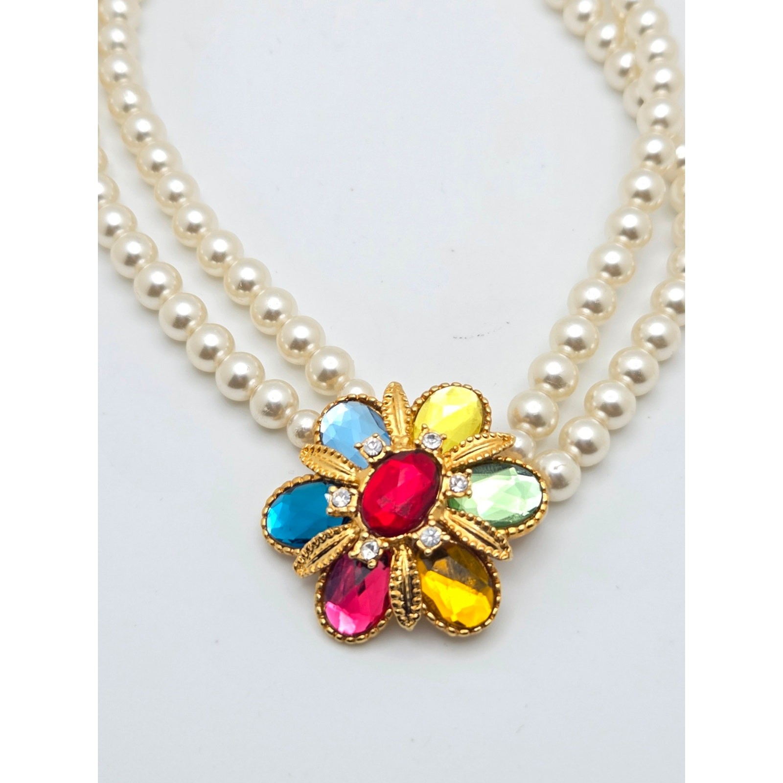 Vintage Style Multi-Color Cabochon Flower & Faux Pearl Double Strand Necklace –