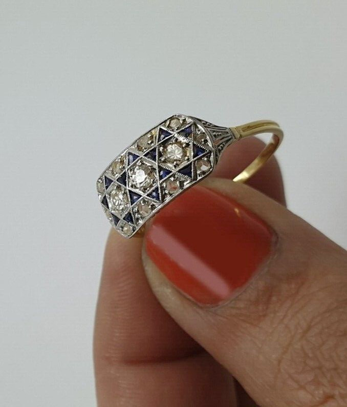 Vintage Style Sapphire & Round Lab Created Diamond Wedding 14K Gold Filled Ring