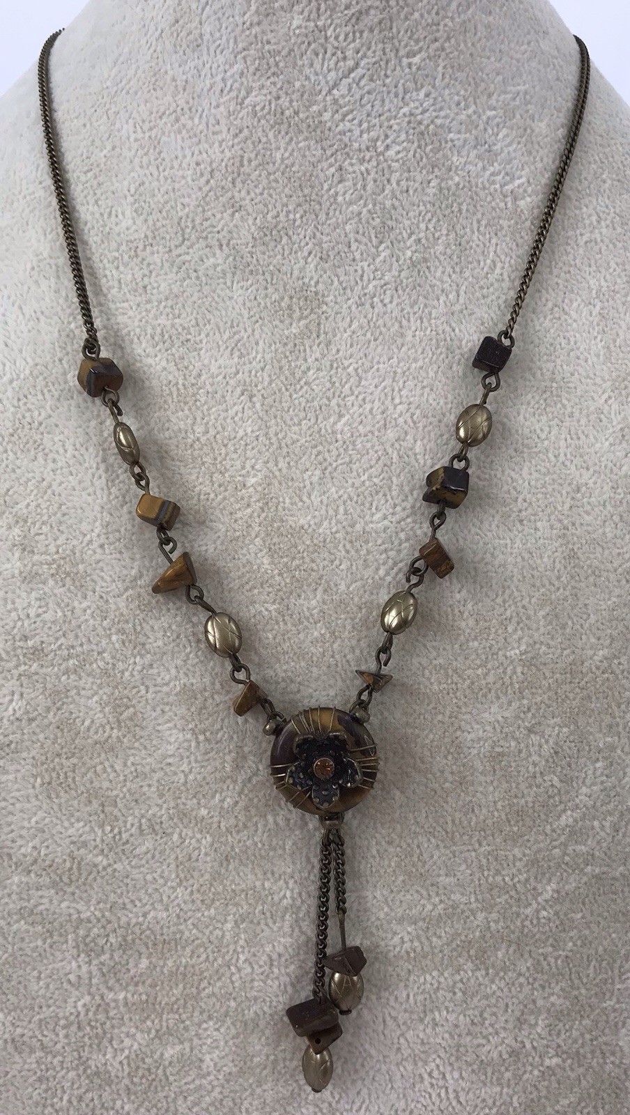 Vintage Nina Ricci Brass Tiger’s Eye Flower Pendant Necklace AVON RARE