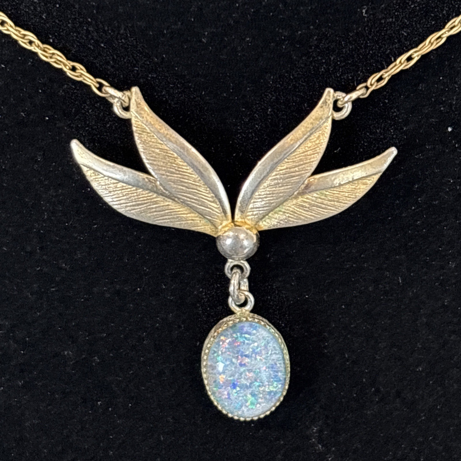 Delicate 1/20 12KGF Opal Pendant 16”Necklace Flower Leaf Design Vintage Marked