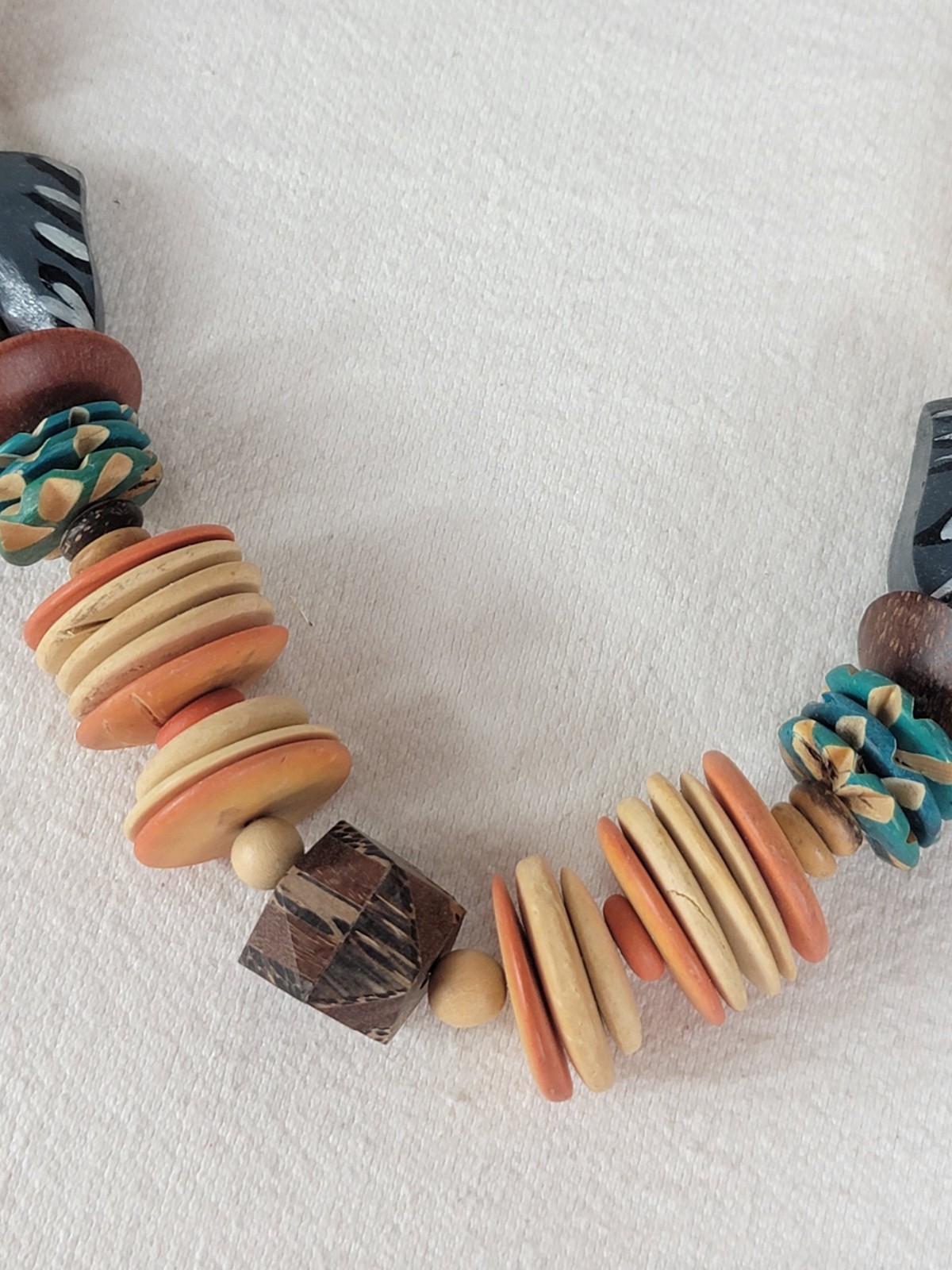 2 Vtg African Carved Wood Safari Necklaces Elephant Rhino Shell Discs Beads Boho
