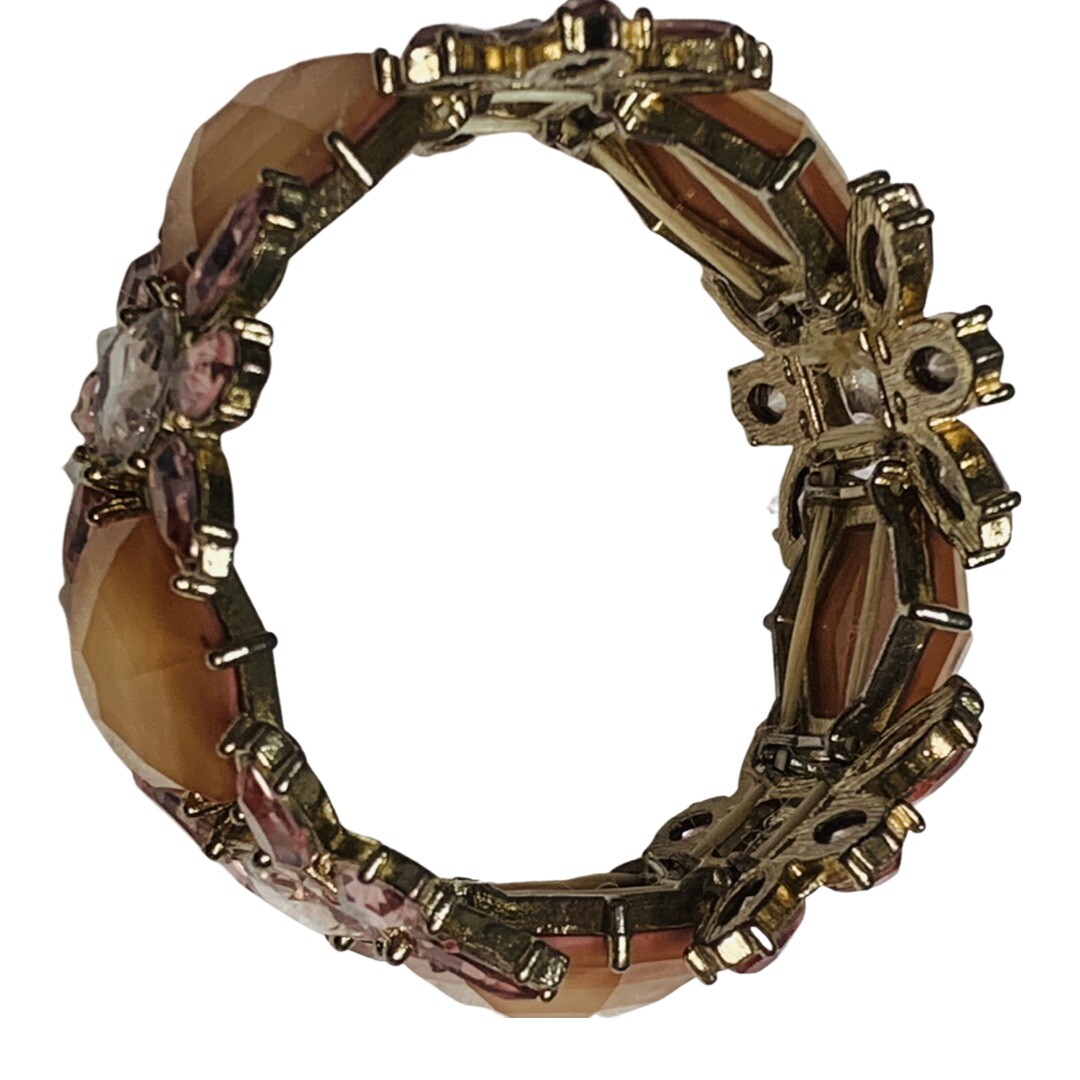 Pink Bracelet Rhinestone Flower Wide t 7″ Silver Tone Trendy Spring Jewelry