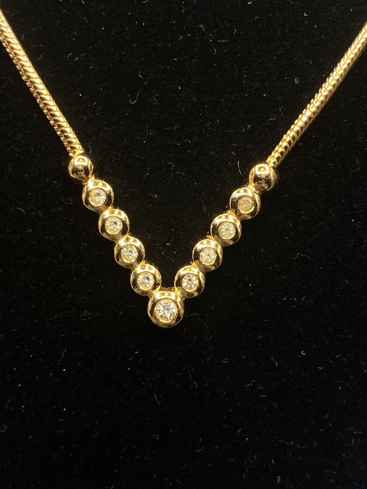 Christian Dior Vintage Gold Tone Crystal V-Shape Necklace 17″ COA
