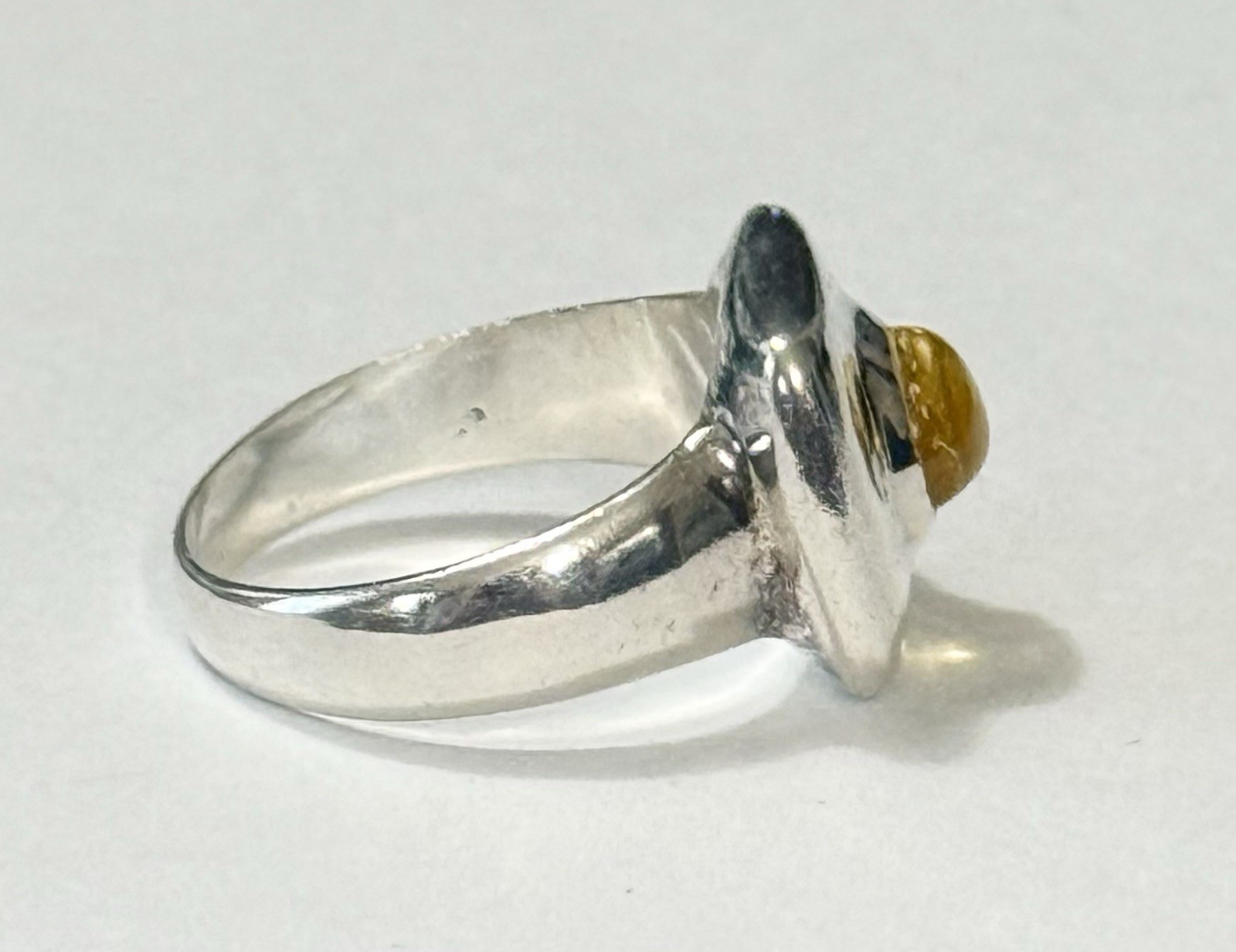 Vintage Modernist Sterling Silver Lemon Amber Cabochon Square Face Ring Size 5.5