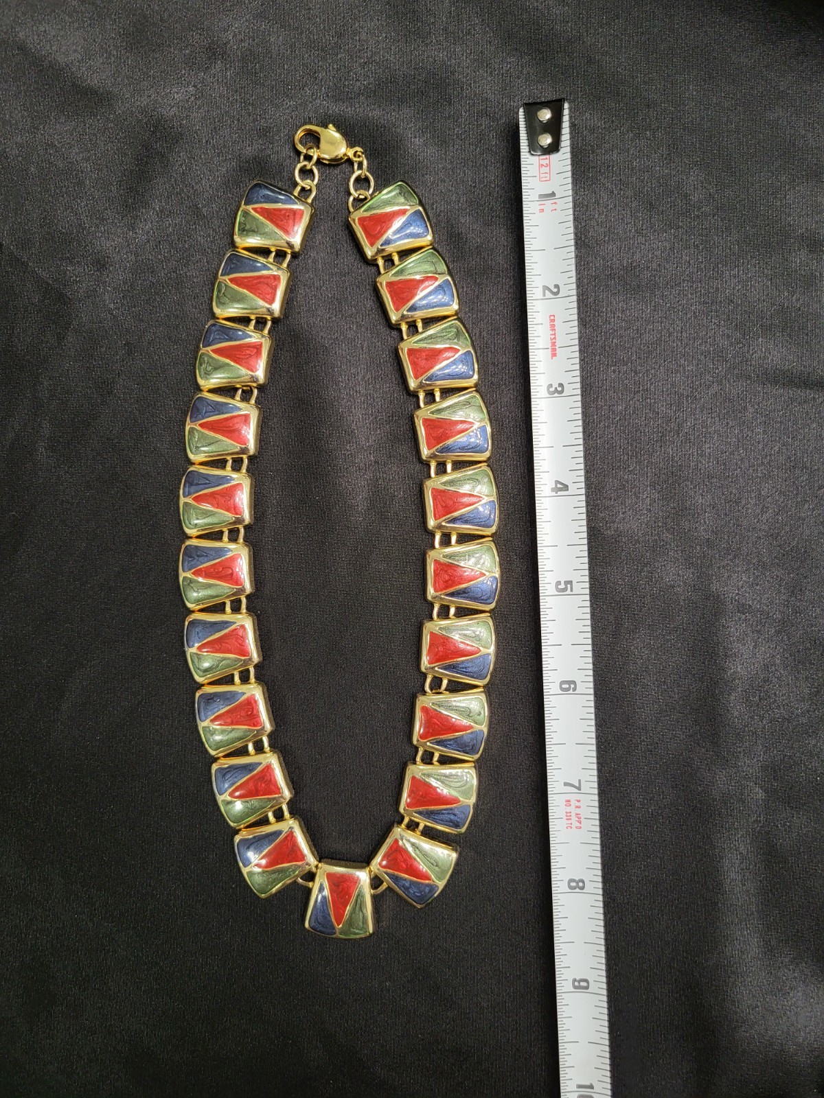Vintage 1980s Gold Tone Enamel Geometric Panel Collar Choker Statement Necklace
