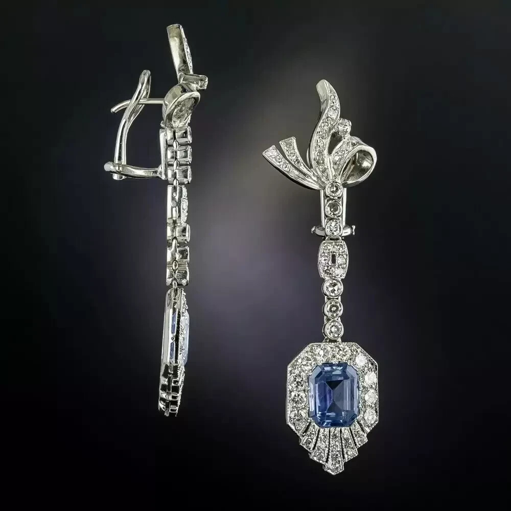 Art Deco Style Emerald Sapphire & Lab Created Diamond 14k White Gold FN Earring